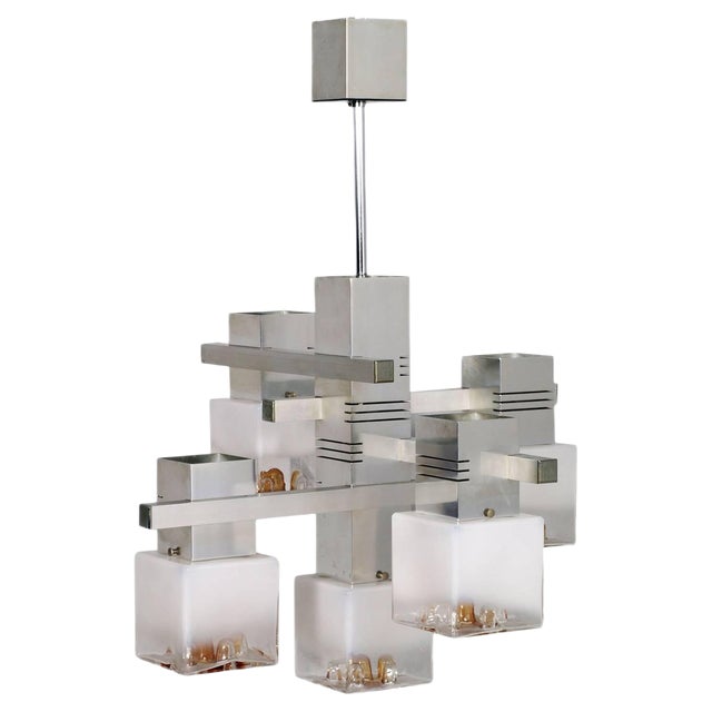 Cubic Chandelier in Chromed Metal by Gaetano Sciolari for Mazzega, 1970s For Sale