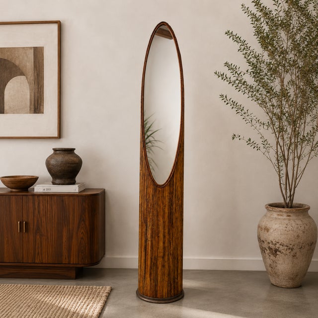1970s Vintage Bohemian Coastal Veneer Rattan Lipstick Floor Mirror For Sale - Image 9 of 9