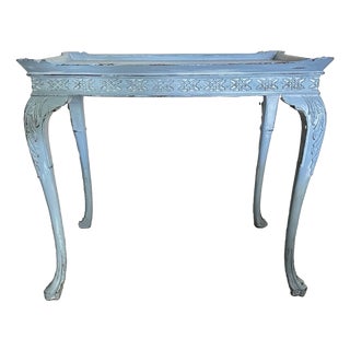 Antique Early 20th Century Blue French Country Carved Wood Rustic Console/Accent Table For Sale