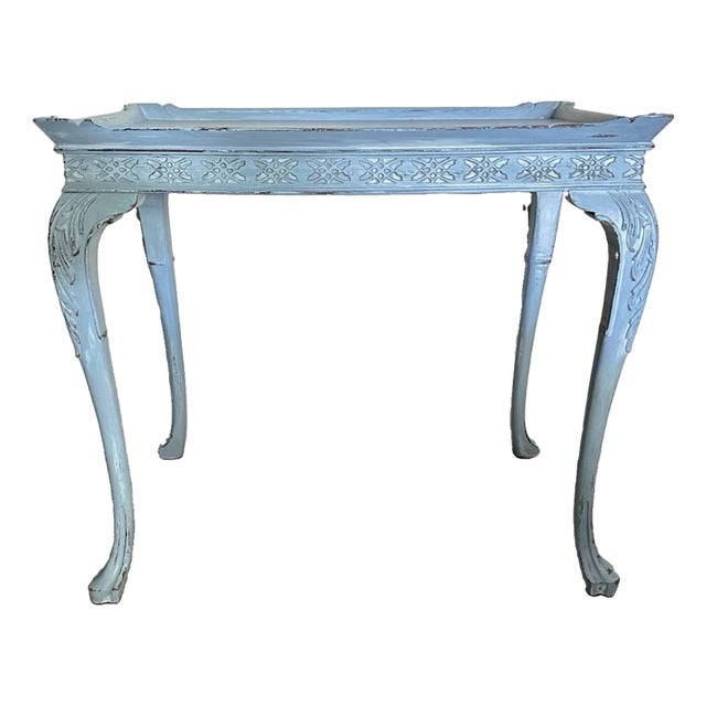Antique Early 20th Century Blue French Country Carved Wood Rustic Console/Accent Table For Sale
