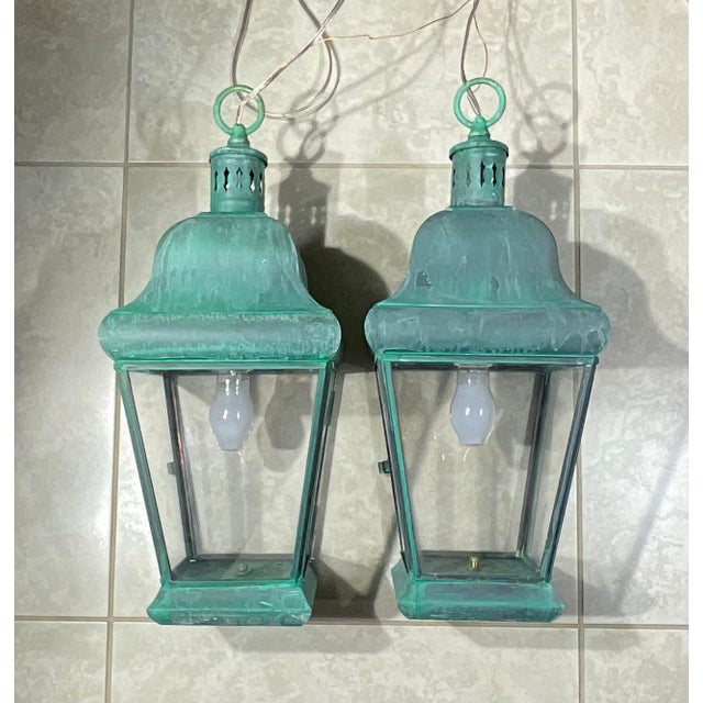 Metal Pair of Vintage Solid Brass Hanging Lanterns. 20”.5 H X 8”.5w X 8”.5 W For Sale - Image 7 of 17