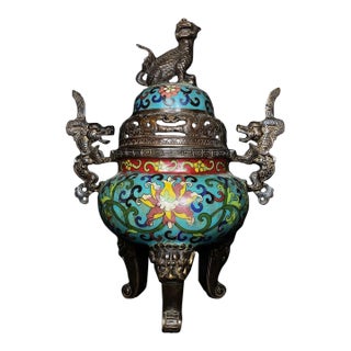 Vintage Cloisonné Enamel Dragon-Handled Tripod Censer With Qianlong Mark For Sale