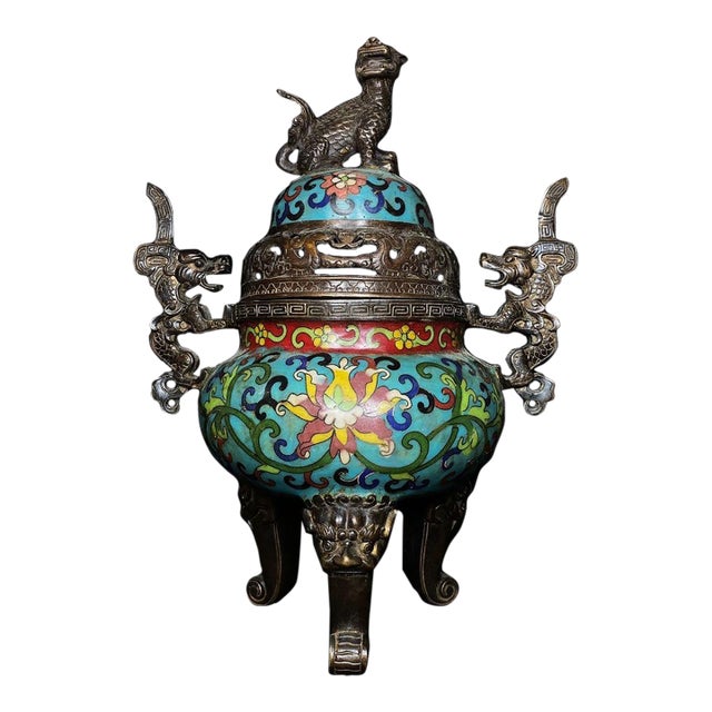 Vintage Cloisonné Enamel Dragon-Handled Tripod Censer With Qianlong Mark For Sale