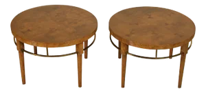 Mid-Century Modern Round Burl Wood and Brass Bow Tie Inlaid Side Tables - a Pair