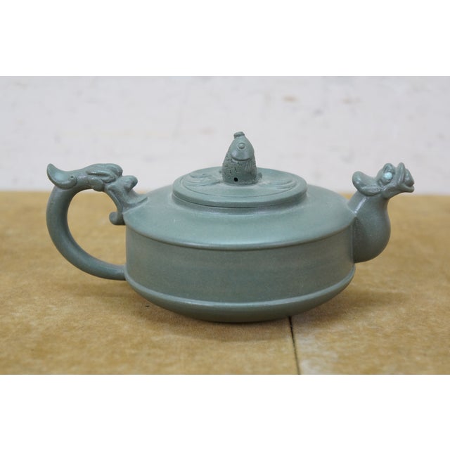 Vintage Chinese Yixing Zisha Green Clay Dragon Koi Fish Kung Fu Teapot 5.5" For Sale - Image 6 of 15