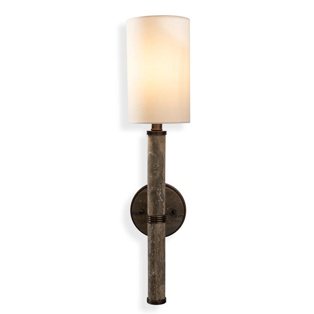 Tivoli is our midcentury styled narrow column sconce featuring natural gray marble turnings joined with antiqued bronze...