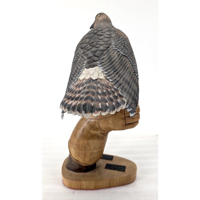 Wood American Harrier Hawk & Gloved Handler 2003 – Carved Wooden Sculpture Signed Bradford King For Sale - Image 7 of 16
