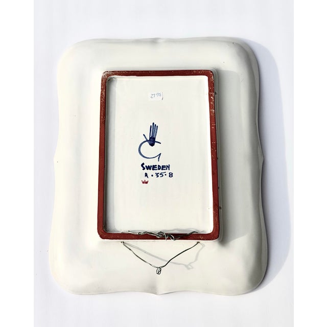 1940s Signed Stig Lindberg Faiance for Gustavsberg Sweden Hand Decorated Ceramic Framed Mirror C. 1940. For Sale - Image 5 of 9