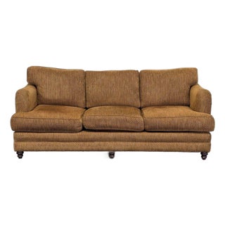Comfortable 3-Seat Brown Fabric Sofa With Rolled Arms For Sale