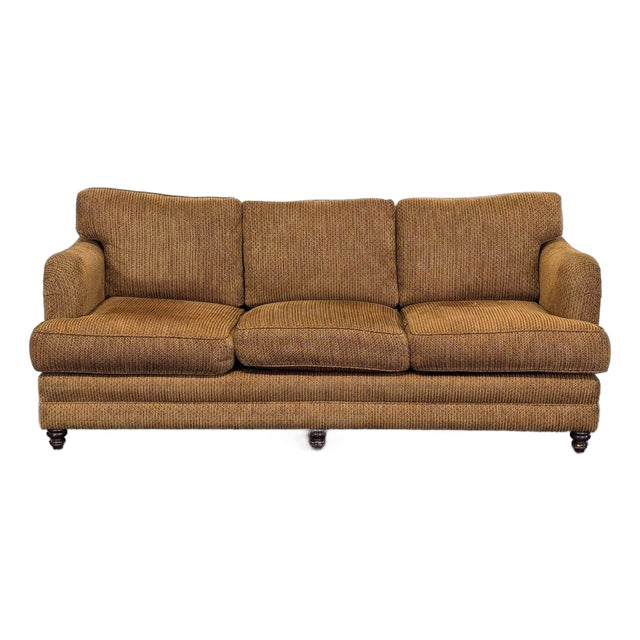 Comfortable 3-Seat Brown Fabric Sofa With Rolled Arms For Sale