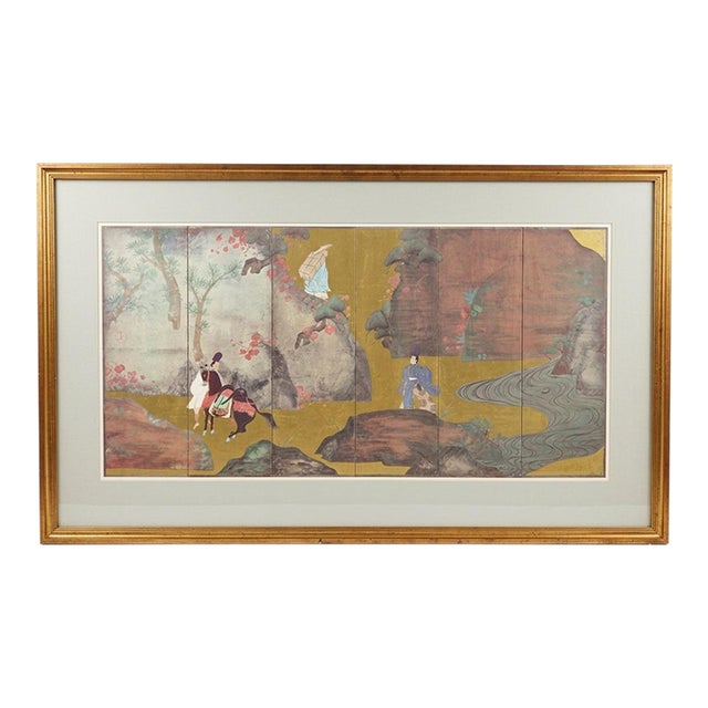 Mid 20th C. Monumental Japanese Six-Panel Landscape Print - Gilt Framed - James Mont Style For Sale