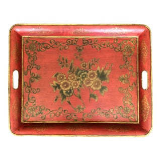 Vintage Hand-Painted Red Tole Tray For Sale