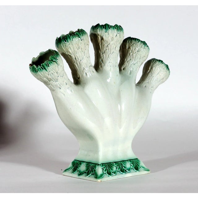 18th-Century Creamware Flower Finger or Quintell Vase With Green Molded Leaves For Sale - Image 4 of 10
