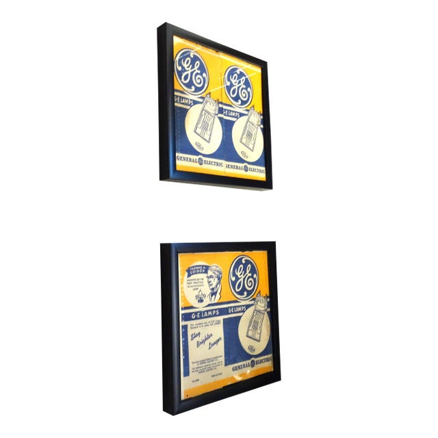 Circa 1940s G.E. Motion Picture Studio Light Bulb Wrapper, Framed Pair For Sale