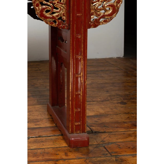 Antique Chinese Red Lacquered Console Table with Gilt Accents and Carved Apron For Sale - Image 12 of 13
