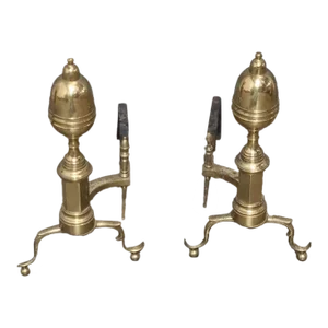 Pair of Mid 20th Century Virginia Metalcrafters Brass Fireplace Andirons With Log Holders