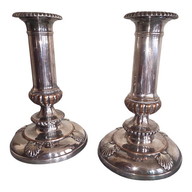 Pair of Antique Sheffield Silver Plated Candlestick Holders With Shell Design For Sale
