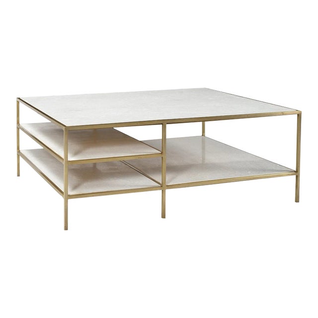 Marble & Brass Coffee Table W/Shelves For Sale
