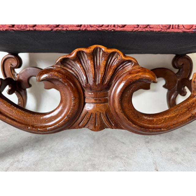 Baroque Baker Furniture Baroque Revival Carved Walnut Bench With Tufted Upholstered Seat For Sale - Image 3 of 12