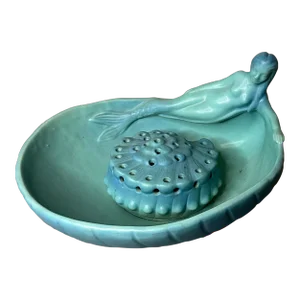 Mid 20th Century Van Briggle Art Pottery Siren of the Sea Mermaid Console Bowl Shell Flower Frog
