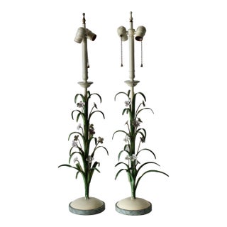 Vintage Tall Italian Style Tole Flowers Table Lamps- A Pair For Sale