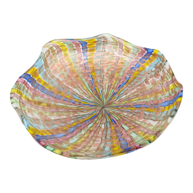 Vintage Murano Latticino Ribbons Large Glass Bowl by Fratelli Toso, Italy, 1960's For Sale