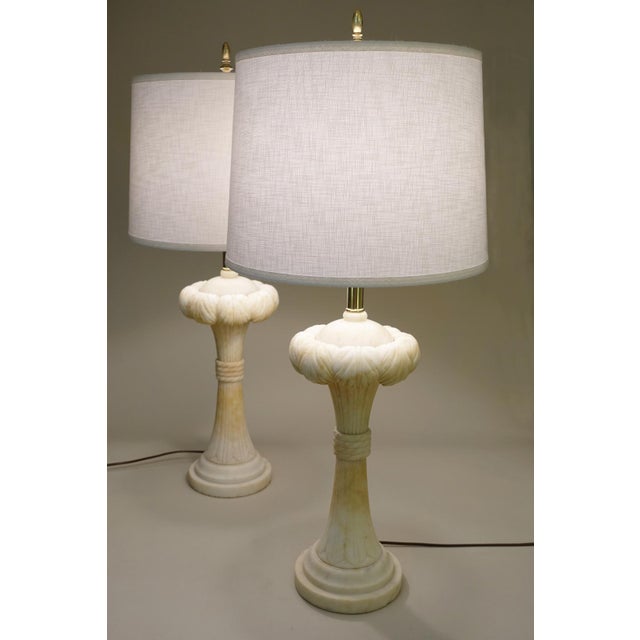 Off-white 1940s Dorothy Draper Hollywood Regency Modern Solid Marble Palm Column Table Lamps - a Pair For Sale - Image 8 of 11