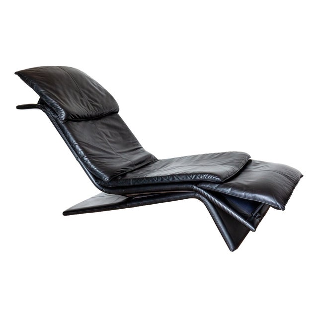 Vintage Chaise Lounge in Black Leather by Maurice Villency, 1980s For Sale