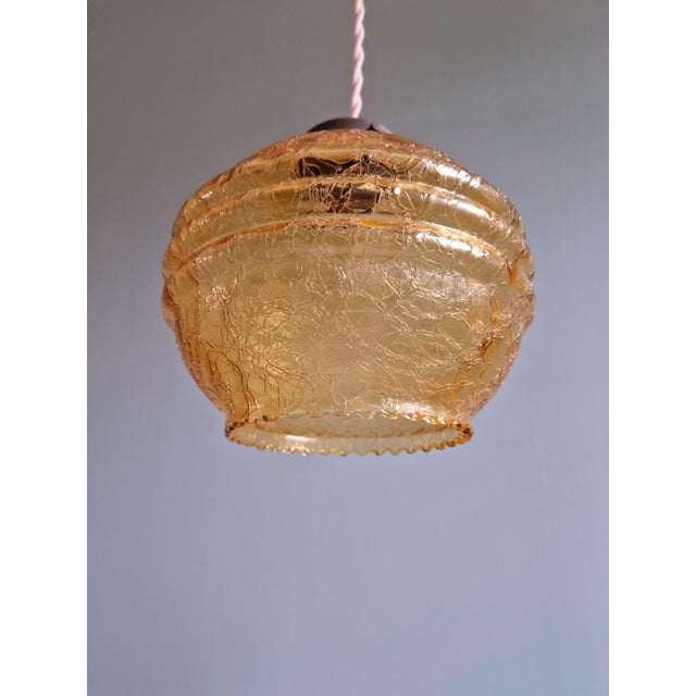 Copper Art Deco Pendant Lights in Amber Cracked Glass, 1920s, Set of 3 For Sale - Image 8 of 13