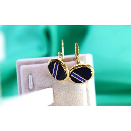 Metal Gold Cufflinks with Blue Stripe Reliefs on Oval Onyx, Set of 2 For Sale - Image 7 of 8