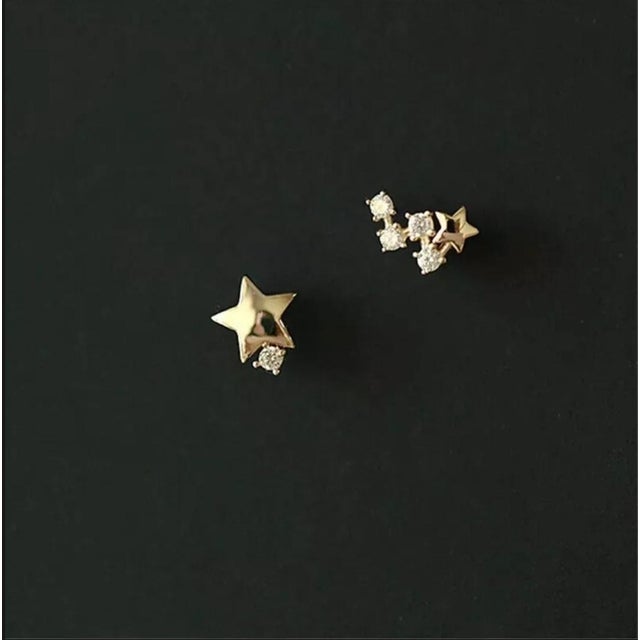 14k Solid Gold Japanese Asymmetric Star Women Modern Diamond Stud Earrings - 2 Pieces For Sale - Image 9 of 10