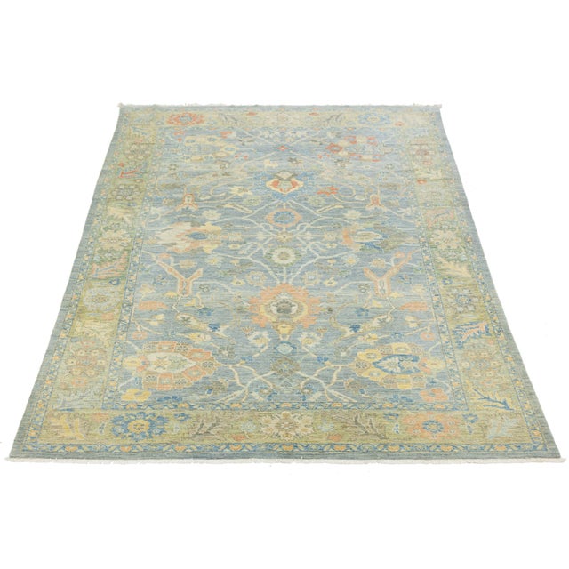 Modern Sultanabad Hand-Knotted Wool Area Rug – Serene Slate Blue & Terracotta For Sale In New York - Image 6 of 11