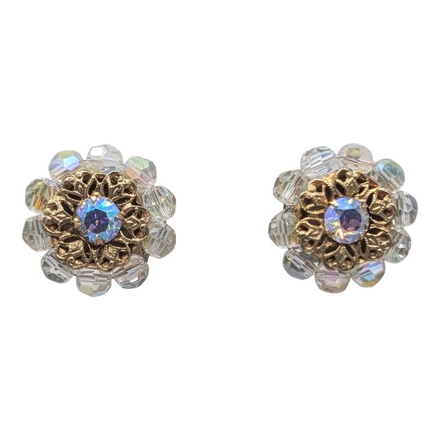 Vintage 1960s Signed Napier Goldtone Filigree Aurora Borealis Clip Earrings- 2 Pieces For Sale