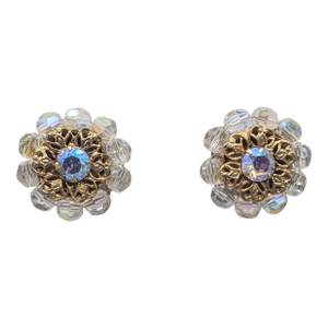 Vintage 1960s Signed Napier Goldtone Filigree Aurora Borealis Clip Earrings- 2 Pieces
