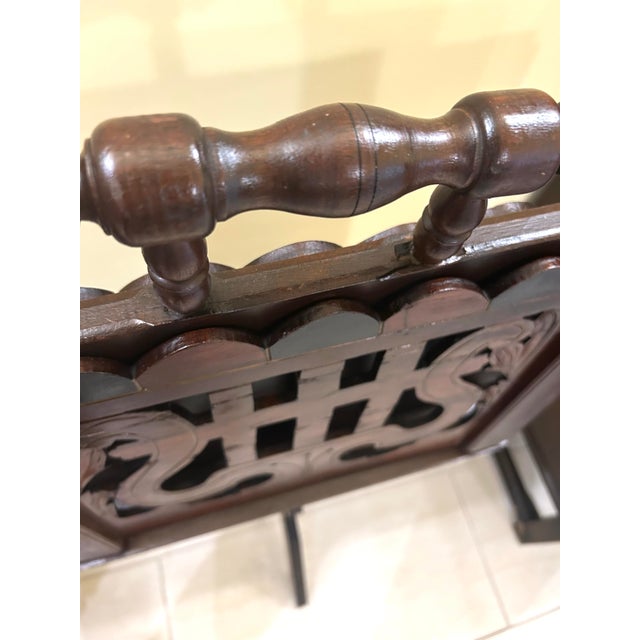 Antique Mahogany, Double-Sided, Rotating Magazine/Book/Sheet Music Carrier, With Intricately Carved Fretwork Panels, Turned Handle and a Tripod Column For Sale - Image 12 of 12