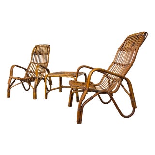 Vintage Italian Chairs and Coffee Table in Wicker, 1970s, Set of 3 For Sale