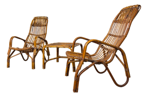 Vintage Italian Chairs and Coffee Table in Wicker, 1970s, Set of 3