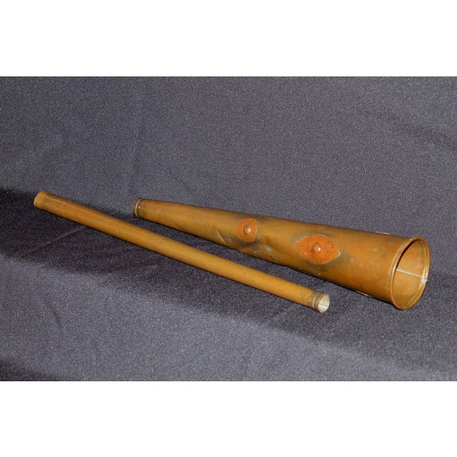 Antique Copper Horn Vessel 33” Tall | Handcrafted Riveted Primitive Folk Decorative Object For Sale - Image 4 of 9