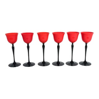 1920s Czech Art Deco Tango Glass Red & Black Cordial Glasses — Set of 6 For Sale