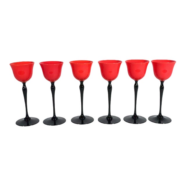 1920s Czech Art Deco Tango Glass Red & Black Cordial Glasses — Set of 6 For Sale