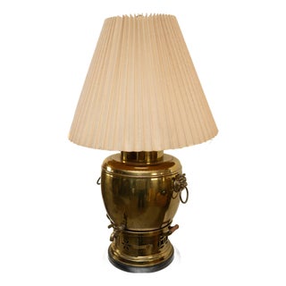 Vintage Brass Samovar-Style Lamp w/ Pleated Linen Shade For Sale
