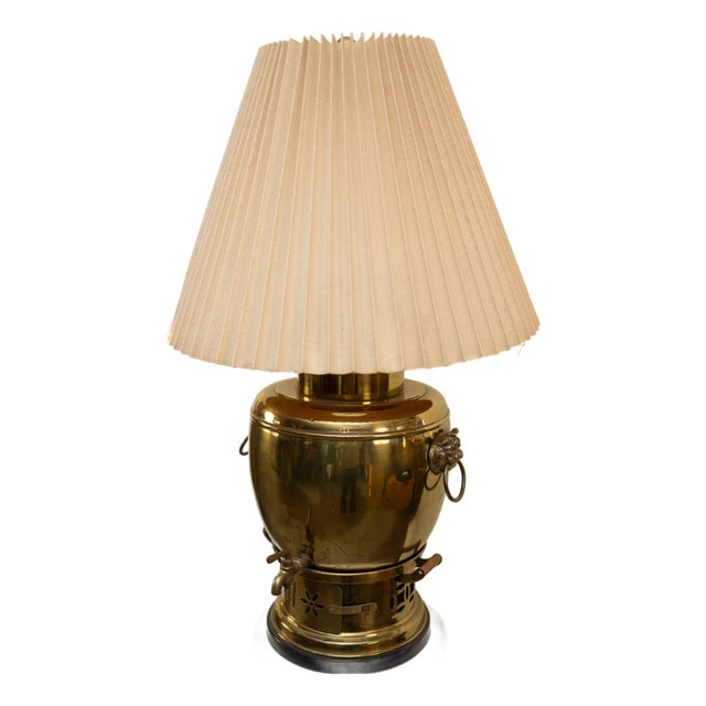 Vintage Brass Samovar-Style Lamp w/ Pleated Linen Shade For Sale