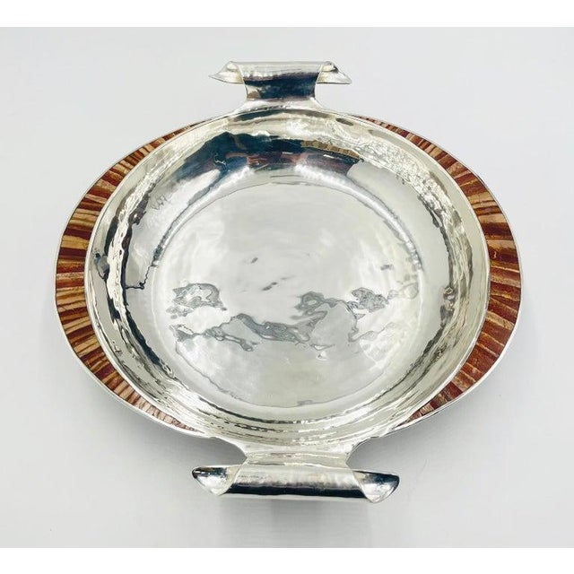 1980s Large Emilia Castillo Silver-Plate & Jasper Inlay Serving Bowl, Mexican Silver For Sale - Image 10 of 18