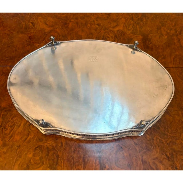 Antique Edwardian Silver-Plated Engraved Tea Tray with Pierced Gallery, 1900 For Sale - Image 6 of 15