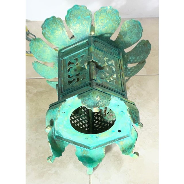 Vintage Japanese Patinated Brass Pagoda Temple Lantern / Pendent -17”x 12” For Sale - Image 15 of 17
