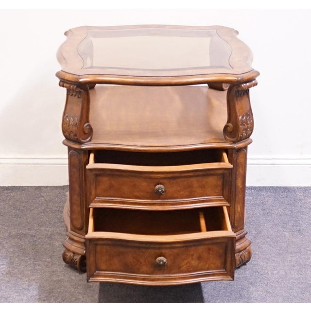 Wood Drexel Heritage Talavera Collection Walnut Contemporary Spanish Mediterranean 27" Square Glass Topped Accent End Table For Sale - Image 7 of 13
