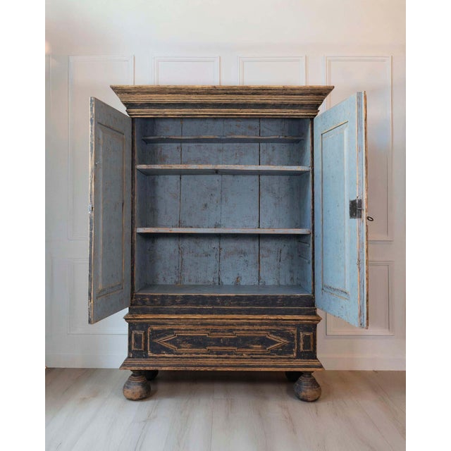 18th Century Baroque Two-Part Cabinet with Black Finish and Blue Interior For Sale - Image 11 of 17