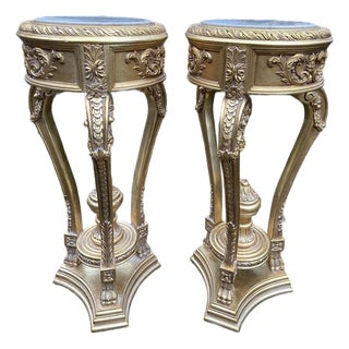 Late20C Artisan Louis XVI Gold Beech Marble Side Tables-Pair For Sale