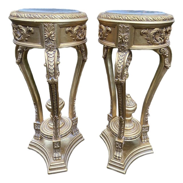 Late20C Artisan Louis XVI Gold Beech Marble Side Tables-Pair For Sale