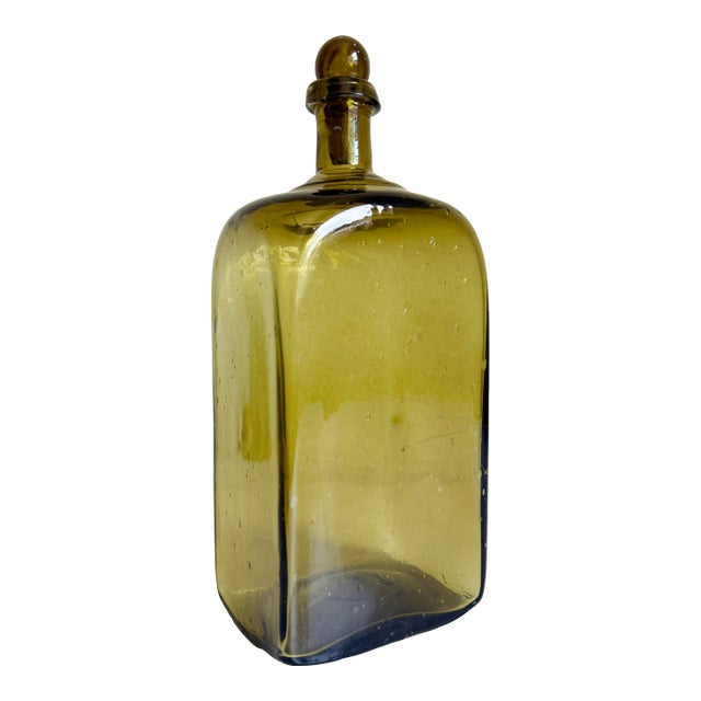 Vintage Olive Green Blown Glass Decanter Bottle For Sale